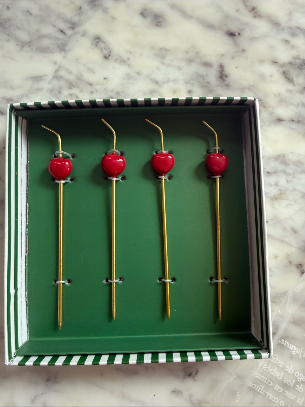 Anthropologie Gold Drink Picks with Red Heart Tops